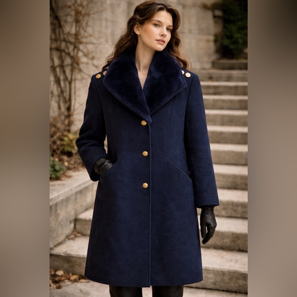 Vintage navy blue wool coat fur trim (made in Canada), size 9/10 (M)